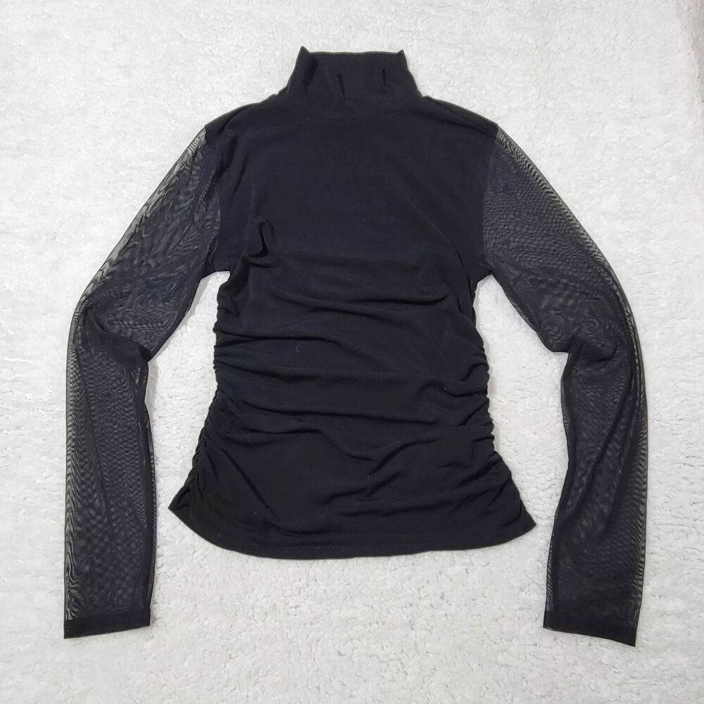 Adrianna Papell Medium Black Mesh Sleeves Solid Ottoman Knit Mock Neck NWT